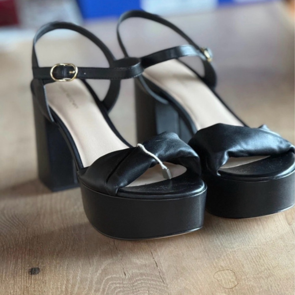 Stuart Weitzman Black Satin Platform Block Heel Sandals with Knotted Toe